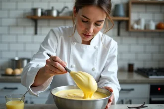Cheffe pâtissière en train de fouetter une pâte à bombe au bain-marie pour un tiramisu moderne et aérien