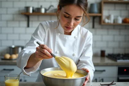 Cheffe pâtissière en train de fouetter une pâte à bombe au bain-marie pour un tiramisu moderne et aérien