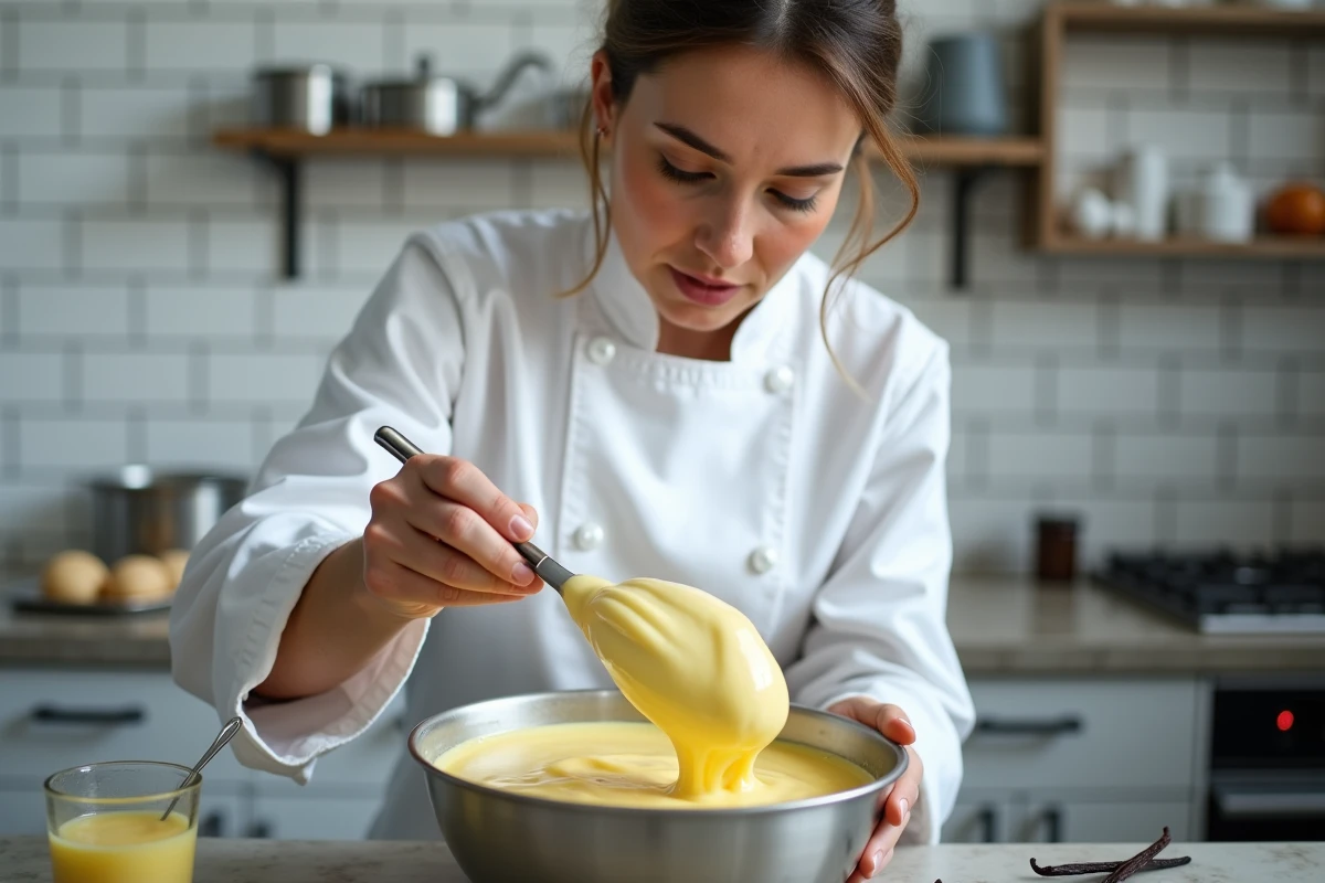 Cheffe pâtissière en train de fouetter une pâte à bombe au bain-marie pour un tiramisu moderne et aérien