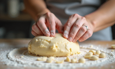 Mains de boulanger pétrissant pâte d'amande sur planche farinée