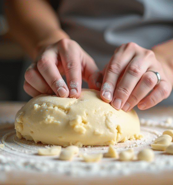 Mains de boulanger pétrissant pâte d'amande sur planche farinée