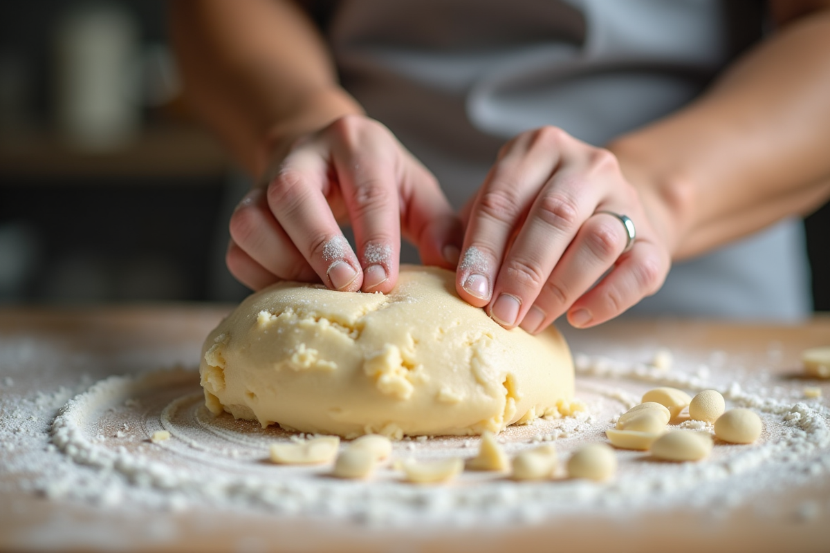 Mains de boulanger pétrissant pâte d'amande sur planche farinée