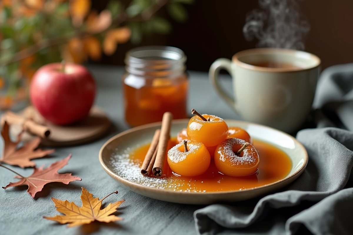 Assiette de pâtes de fruit pomme et cannelle dressée sur une table d'automne avec une tasse de thé épicé et des feuilles séchées