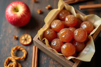 Pâtes de fruit pomme et cannelle dans une boîte en bois rustique sur table en chêne, vue de dessus