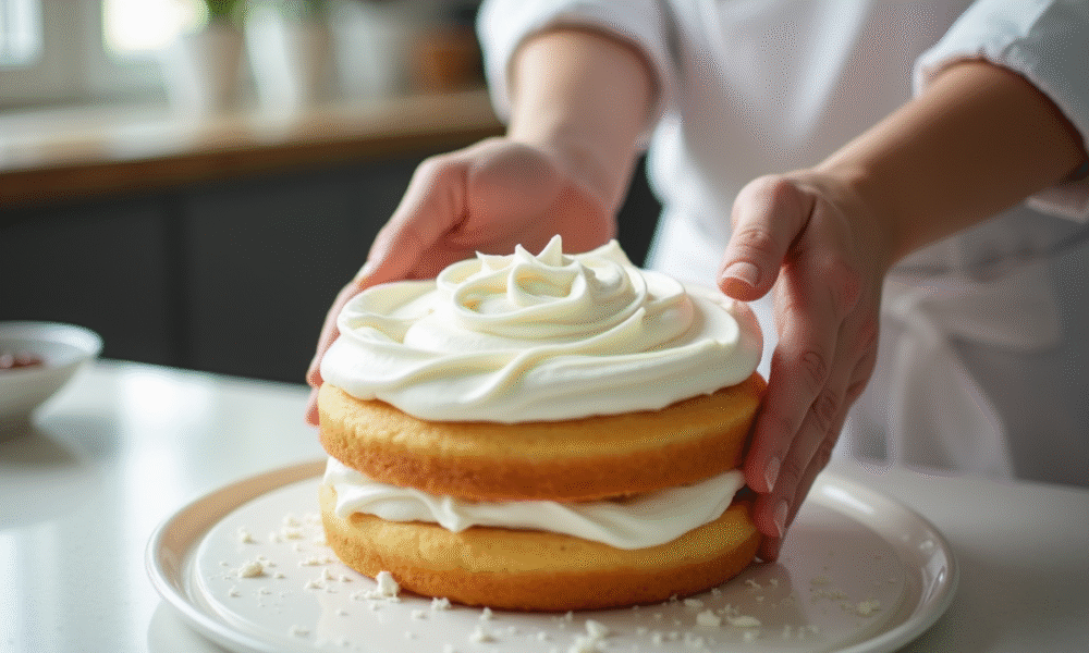 Mains de pâtissier appliquant de la chantilly sur un gâteau lumineux