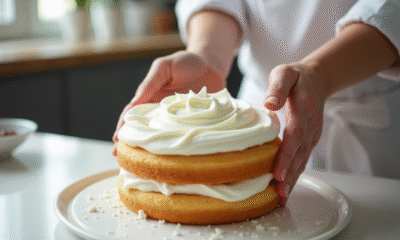Mains de pâtissier appliquant de la chantilly sur un gâteau lumineux
