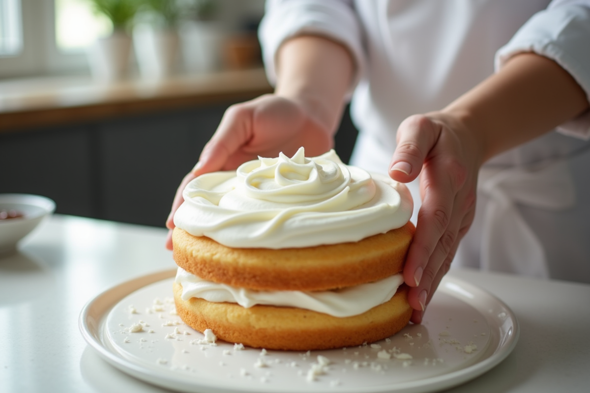 Mains de pâtissier appliquant de la chantilly sur un gâteau lumineux