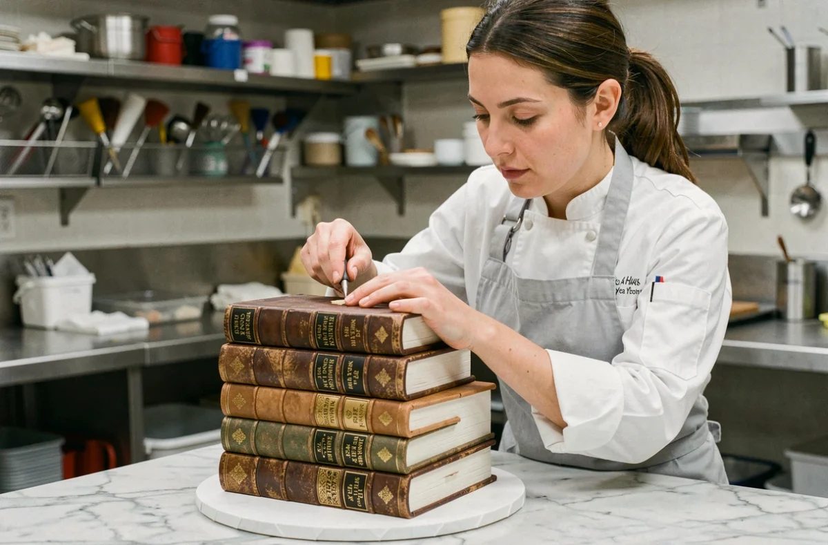 Cheffe pâtissière appliquant des détails en fondant sur un gâteau trompe l'oeil en forme de livres empilés dans une cuisine professionnelle