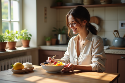 Jeune femme souriante dégustant un bol de petit déjeuner coloré