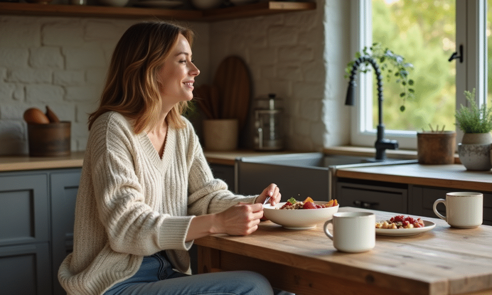 Femme souriante mangeant un bol d'avoine dans une cuisine chaleureuse