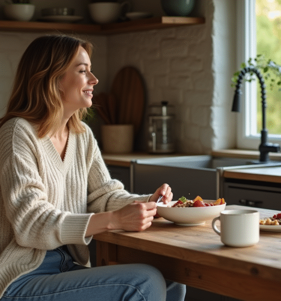 Femme souriante mangeant un bol d'avoine dans une cuisine chaleureuse