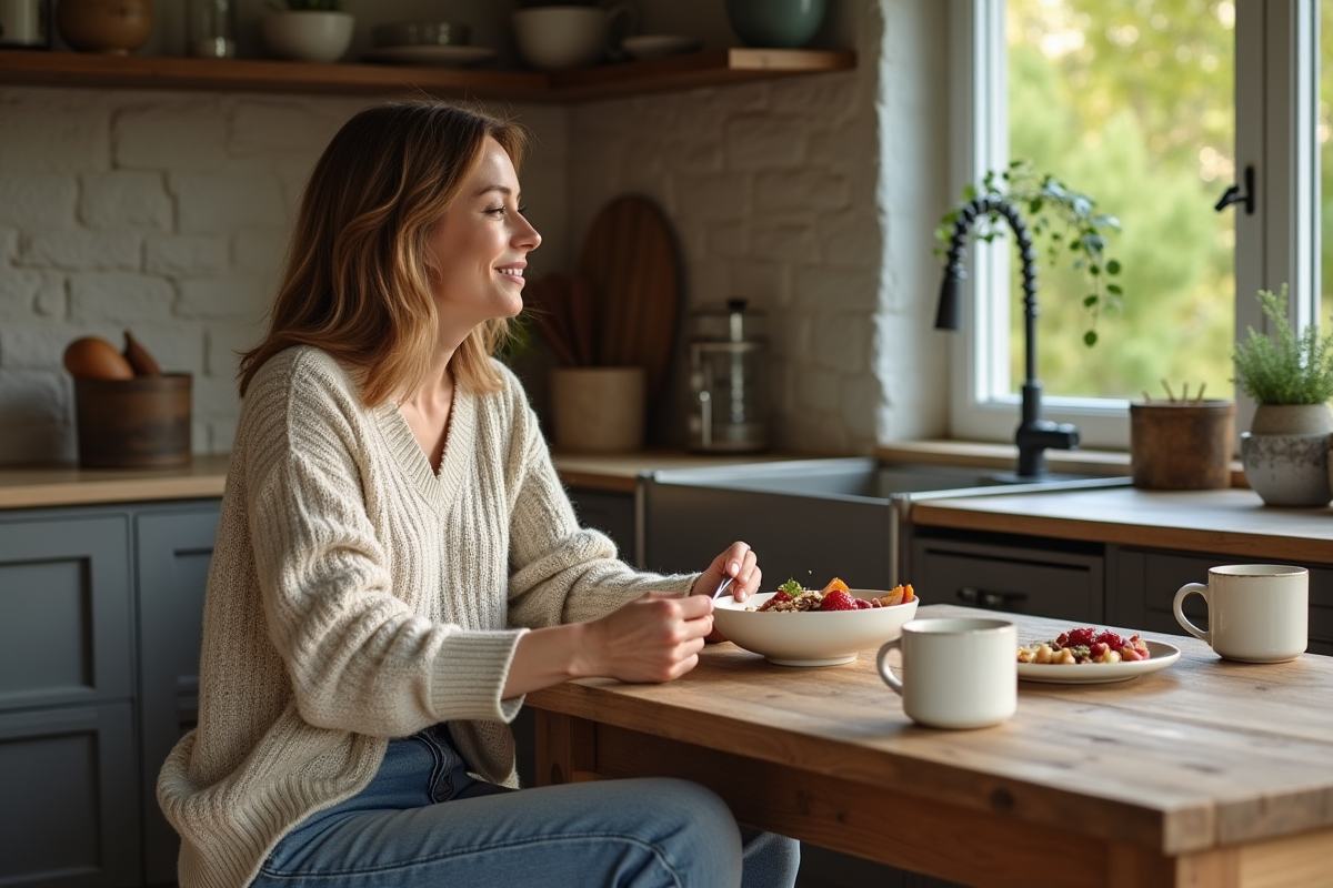 Femme souriante mangeant un bol d'avoine dans une cuisine chaleureuse