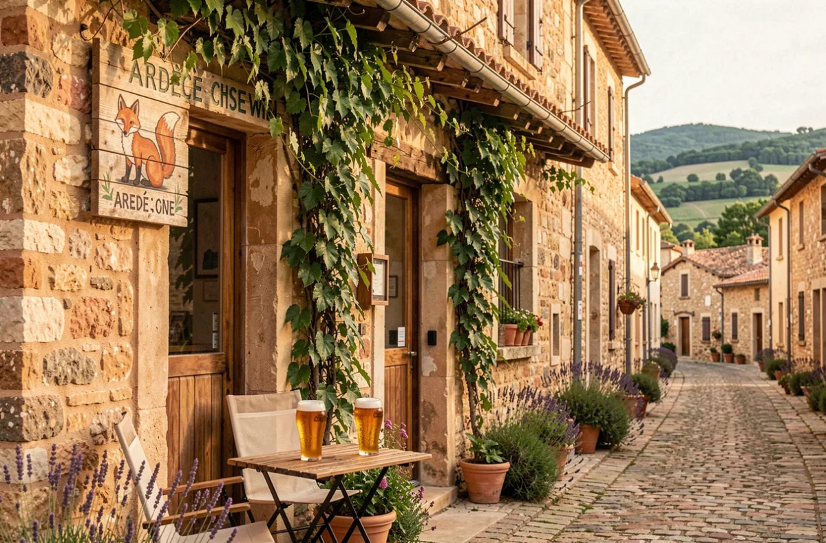 Façade en pierre de la Picobrasserie La Renarde en Ardèche avec son enseigne artisanale et des bières servies en terrasse dans une ruelle de village