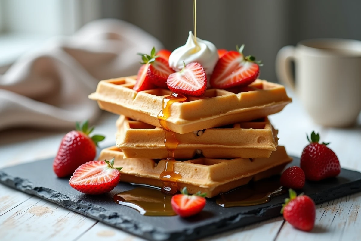 Pile de gaufres maison croustillantes garnies de fraises fraîches, sirop d'érable et crème fouettée sur une ardoise, ambiance brunch scandinave