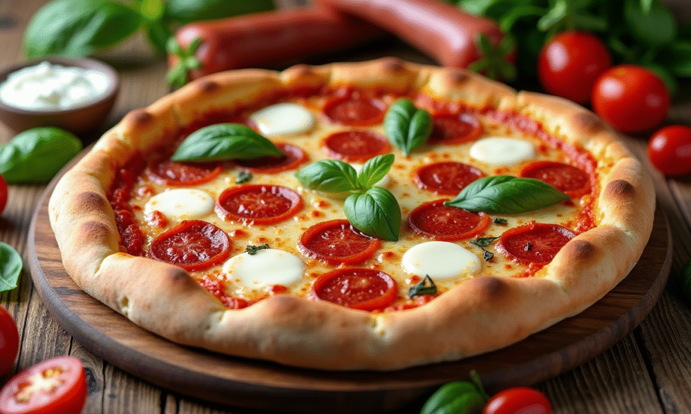 Pizza chorizo fraîche sur une table en bois avec ingrédients