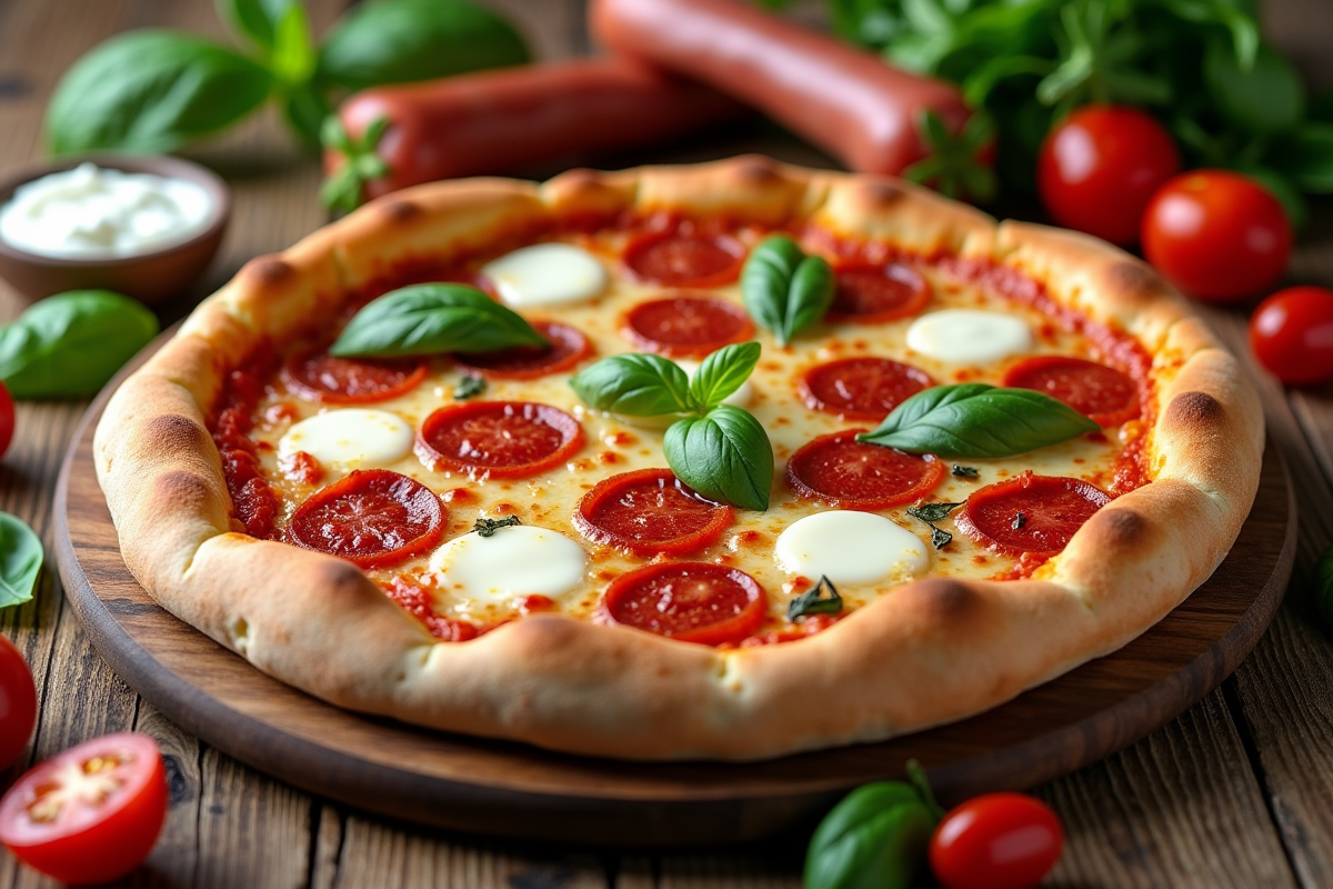 Pizza chorizo fraîche sur une table en bois avec ingrédients
