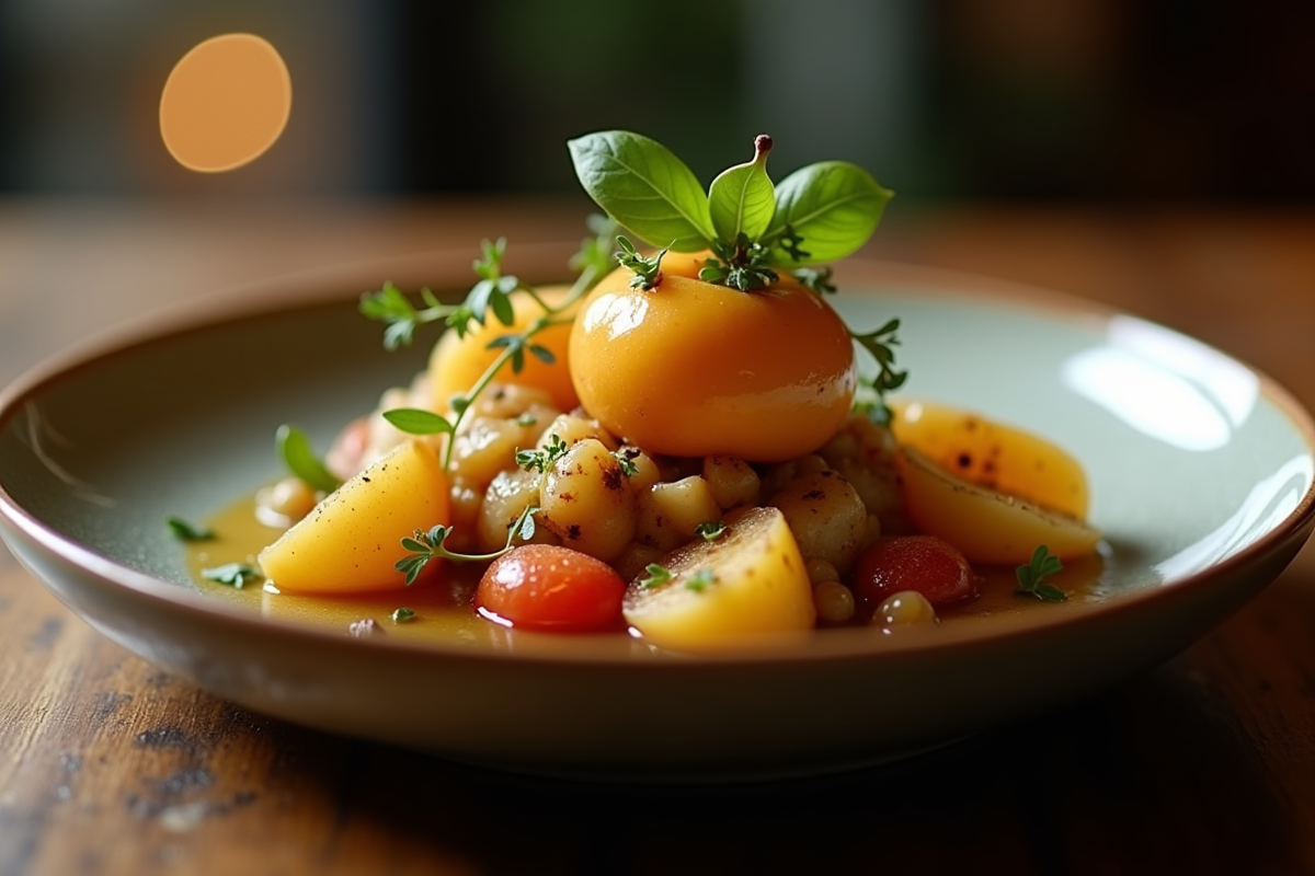 Plat de coings rôtis avec légumes et herbes sur assiette