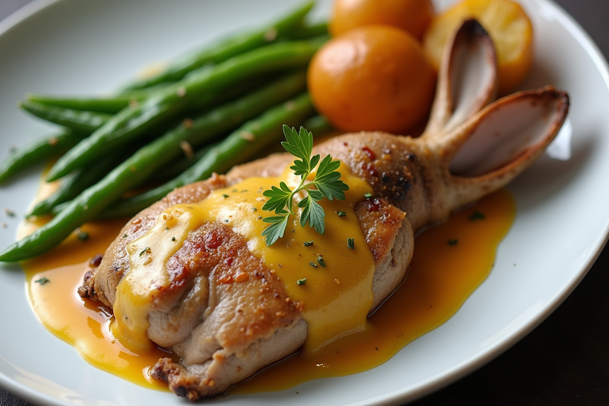 Assiette de lapin à la moutarde avec pommes de terre et haricots verts