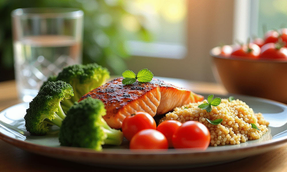 Assiette colorée de saumon grillé brocoli et quinoa sur une table en bois