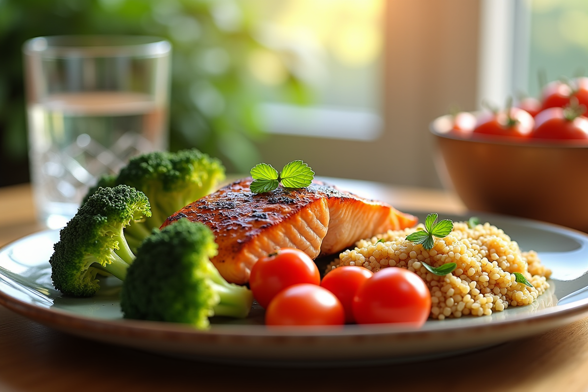 Assiette colorée de saumon grillé brocoli et quinoa sur une table en bois