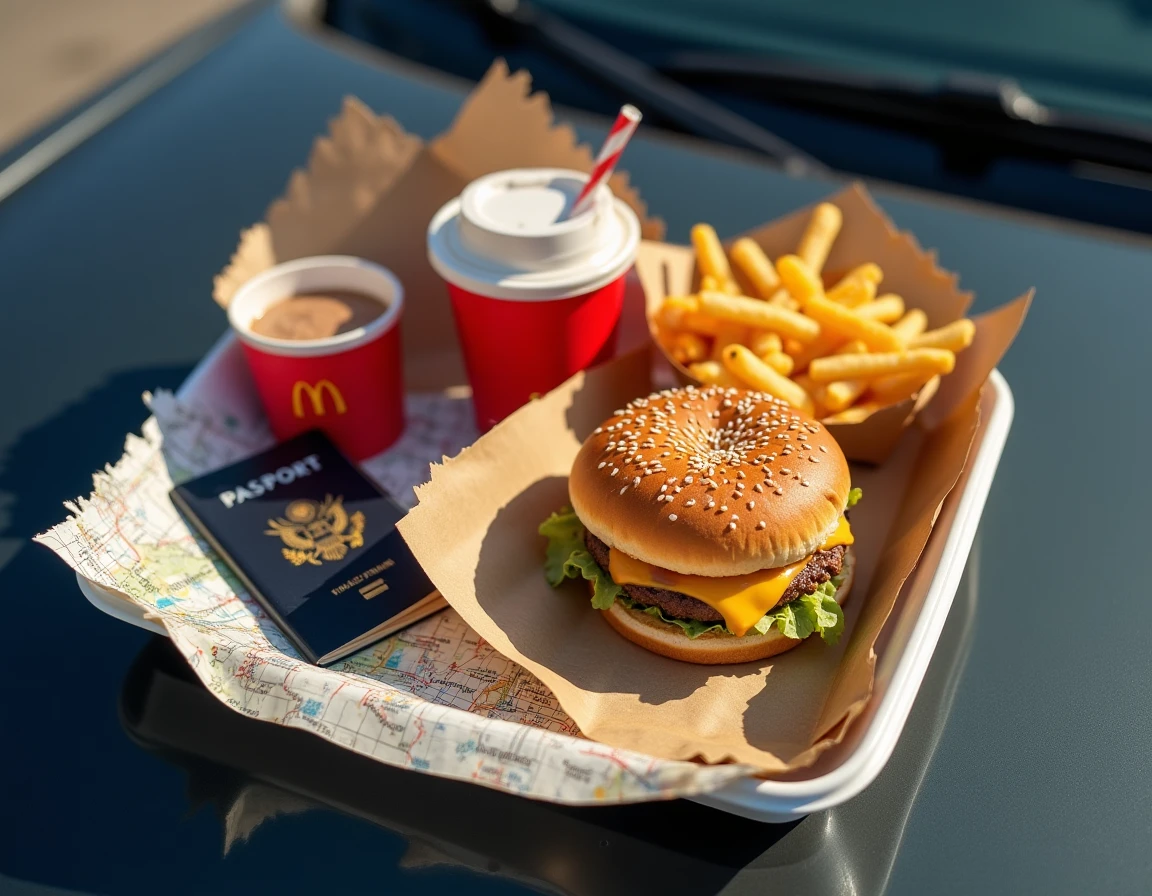 Plateau de fast food américain avec burger, frites et milkshake sur le capot d'une voiture lors d'un road trip