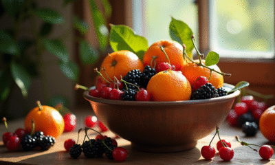 Table rustique avec clementines cerises et cassis en lumière naturelle