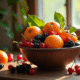 Table rustique avec clementines cerises et cassis en lumière naturelle
