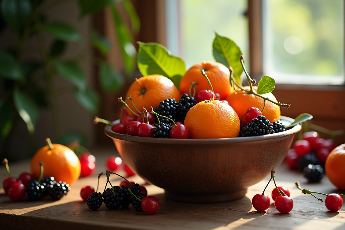Table rustique avec clementines cerises et cassis en lumière naturelle
