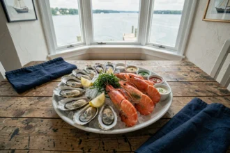 Plateau de fruits de mer frais avec huîtres, crevettes et homard servi dans un restaurant en bord de lac à Bordeaux