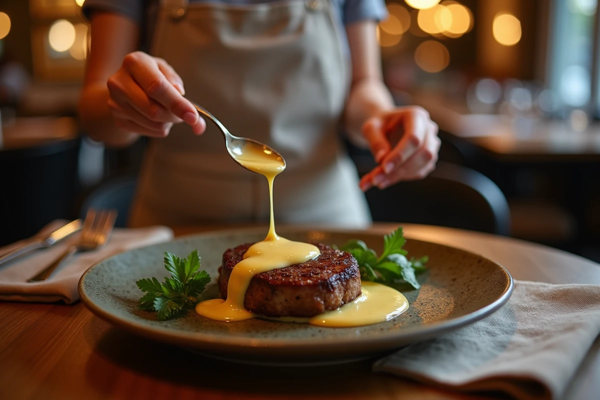 Jeune femme dressant un steak avec sauce aux échalotes