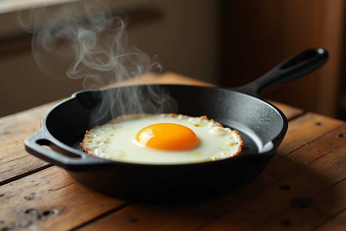 Poele en fonte avec oeuf au plat sur table en bois rustique