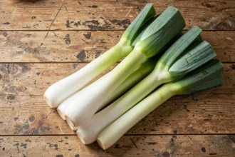 Poireaux frais posés sur une table de cuisine en bois