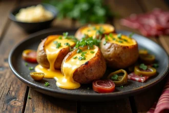 Pommes de terre au four façon raclette avec fromage fondu, cornichons et charcuterie sur une table en bois rustique