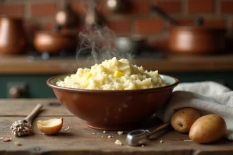 Bol de pommes de terre écrasées maison avec beurre fondant sur table en bois rustique, vapeur naturelle et masher vintage en arrière-plan