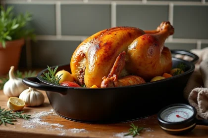 Poulet rôti entier doré dans une cocotte en fonte avec herbes fraîches et légumes caramélisés