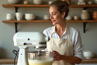 Femme boulangère utilisant un robot pâtissier pour préparer une génoise bûche dans une cuisine professionnelle