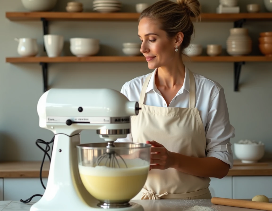 Femme boulangère utilisant un robot pâtissier pour préparer une génoise bûche dans une cuisine professionnelle