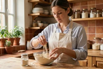Femme débutante mesurant de la farine d'amande dans une cuisine rustique pour préparer une recette d'amandin maison