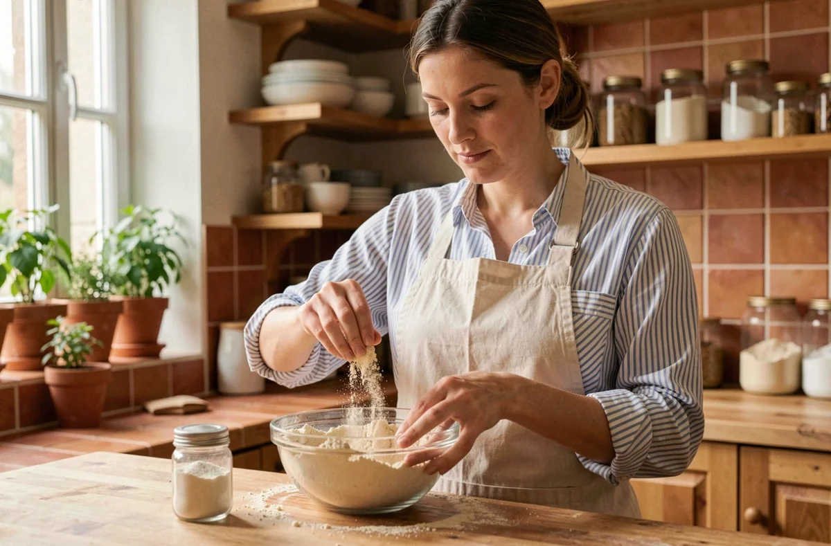 Femme débutante mesurant de la farine d'amande dans une cuisine rustique pour préparer une recette d'amandin maison