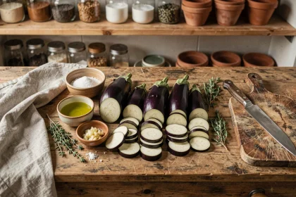 Préparation d'aubergines fraîches tranchées avec huile d'olive et herbes aromatiques pour le batch cooking de la semaine