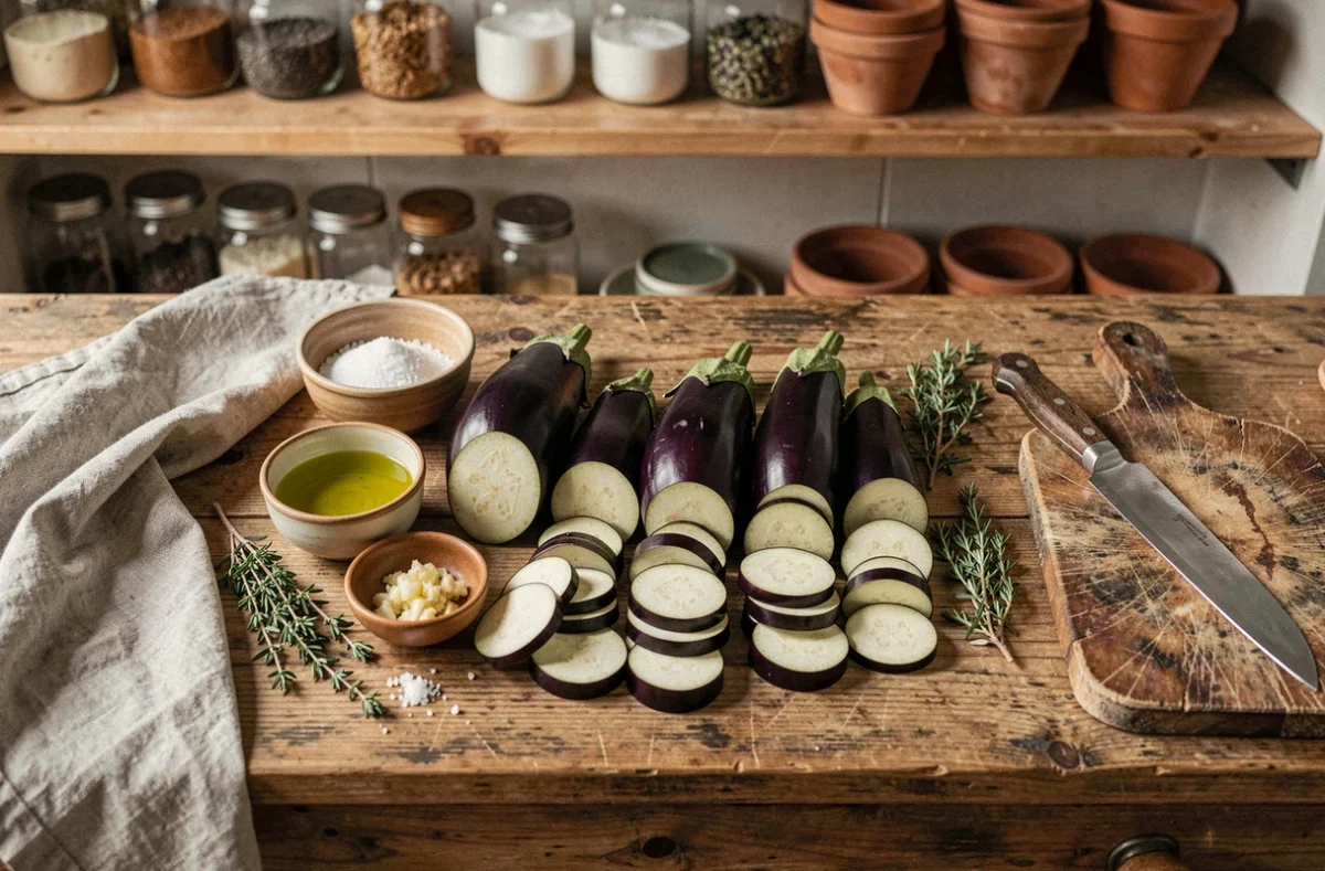 Préparation d'aubergines fraîches tranchées avec huile d'olive et herbes aromatiques pour le batch cooking de la semaine