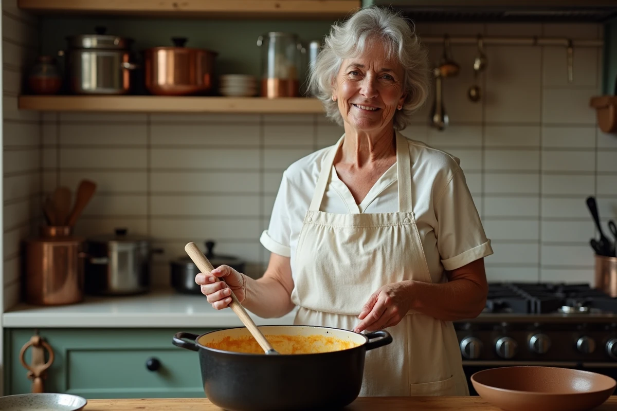 Femme cuisinant une blanquette de veau dans une cocotte en fonte émaillée dans une cuisine française traditionnelle