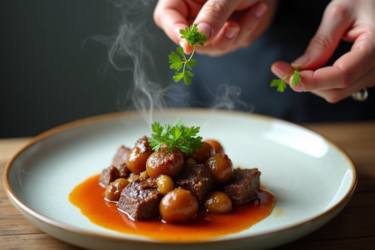 Ajout de persil frais sur la carbonade flamande en cuisine moderne