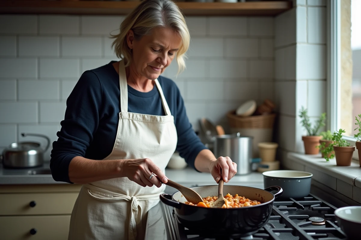 Femme préparant une carbonnade flamande allégée dans une cocotte en fonte sur une cuisinière à gaz