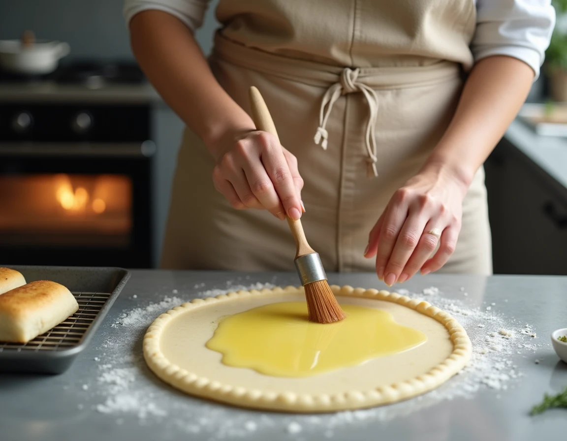 Femme badigeonnant d'huile d'olive une feuille de brick crue sur un plan de travail en marbre