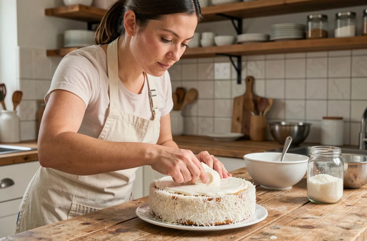 Femme en tablier crème étalant un glaçage à la noix de coco sur un gâteau rond dans une cuisine rustique en bois