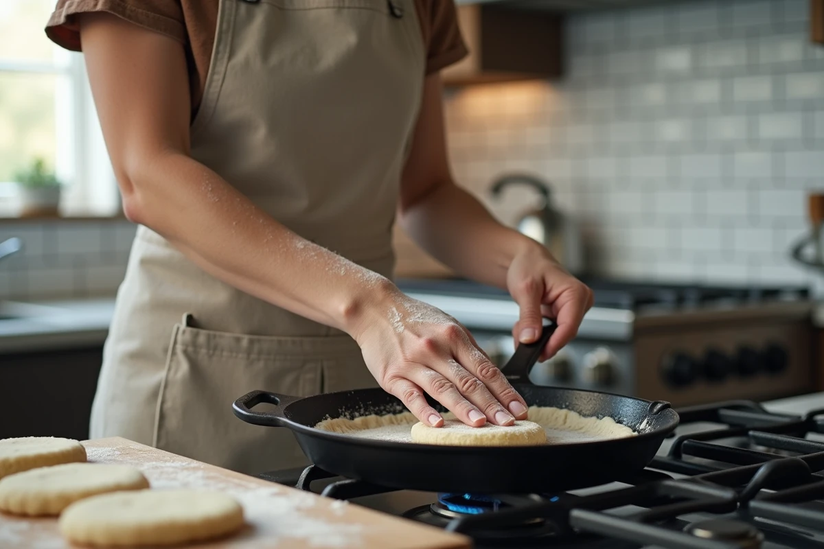 Femme préparant des pains à la poêle à la semoule sur une gazinière dans une cuisine moderne