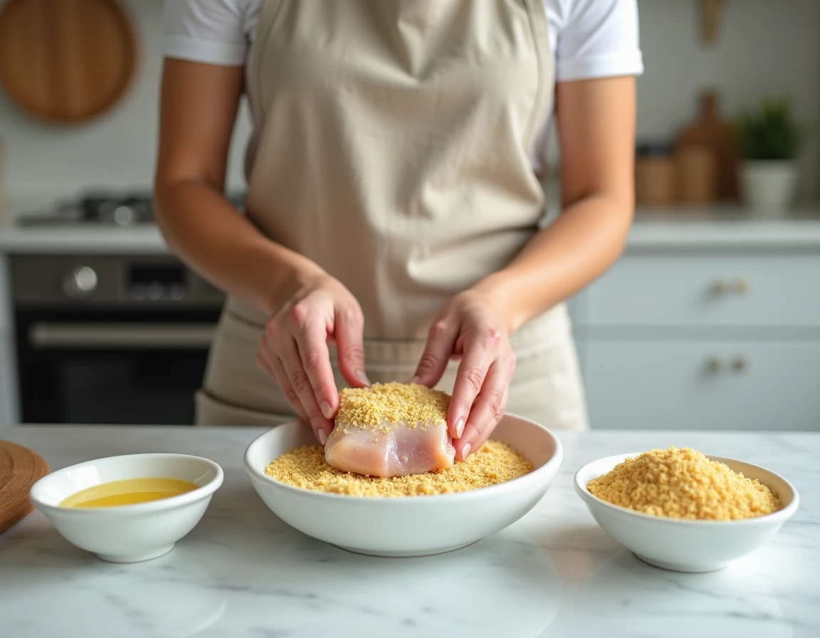 Femme en train de paner un filet de poulet au panko avec une station de panure complète sur un plan de travail en marbre