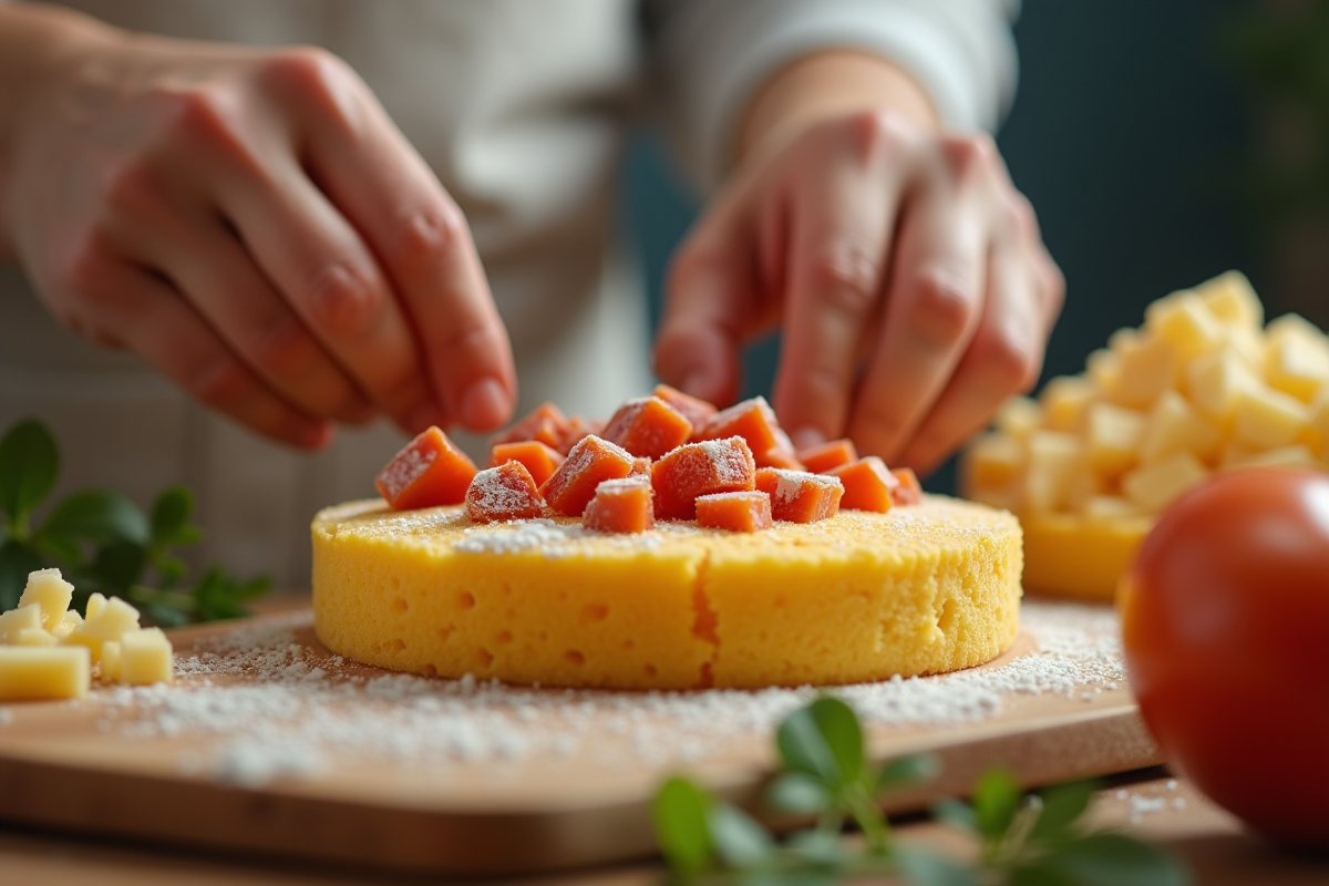 Mains préparant la pâte d un gâteau salé avec chorizo et fromage
