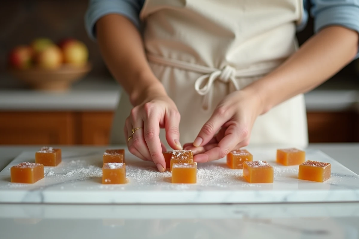Femme préparant des pâtes de fruit pomme et cannelle sur un plan de travail en marbre blanc dans une cuisine chaleureuse
